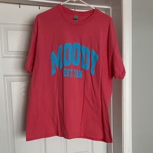 Gildan pink coral  Tee with Blue 'Moody' Print